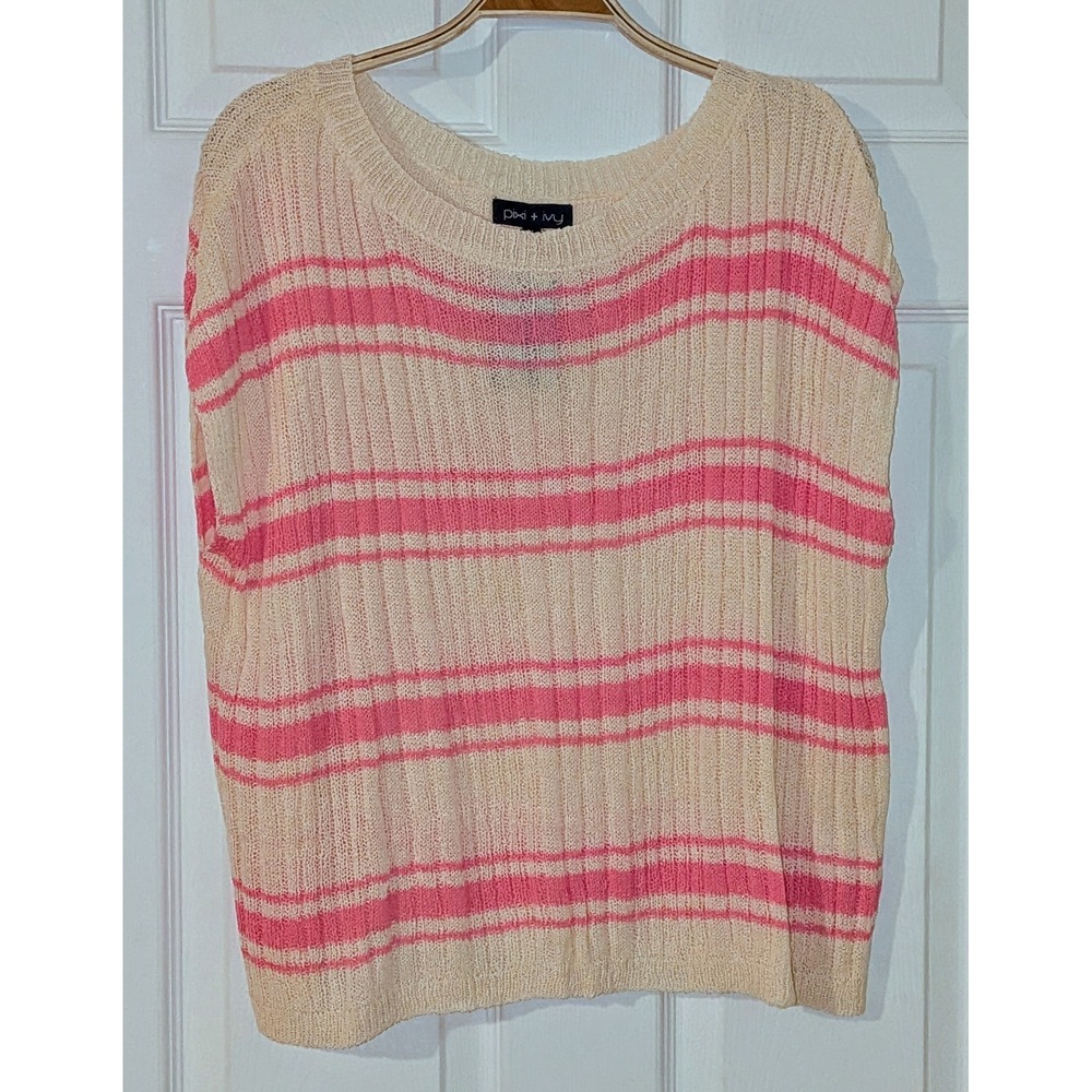 Pixi + Ivy Cream Pink Striped Open Knit Cap Sleeve Sweater Top Medium‎ NWT $50